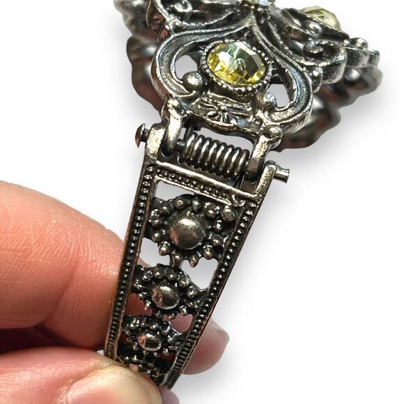 Womens Cuff Bracelet Jeweled Hinged Rhinestone Silver Green Fashion Statement - Picture 6 of 13